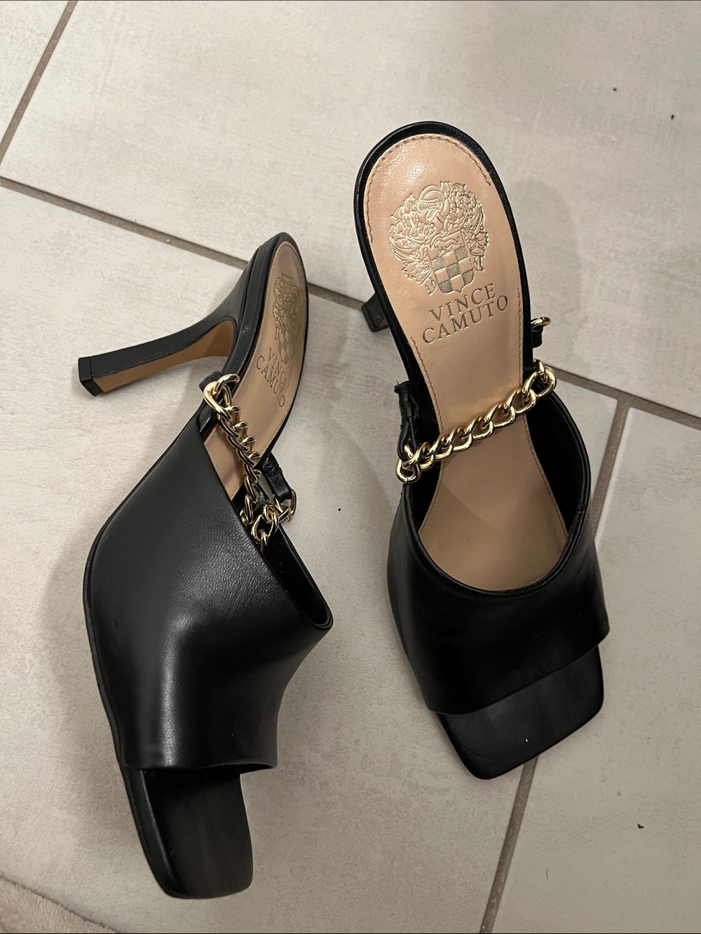 Vince Camuto Black Leather Chain-Trim Mule Heels